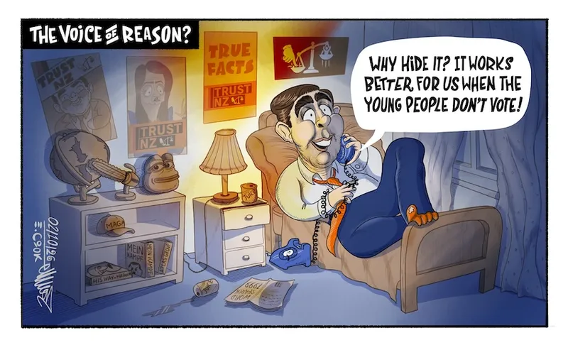 A cartoon showing a mock politician lying on a teenager's bed trying to push for young people not to vote.