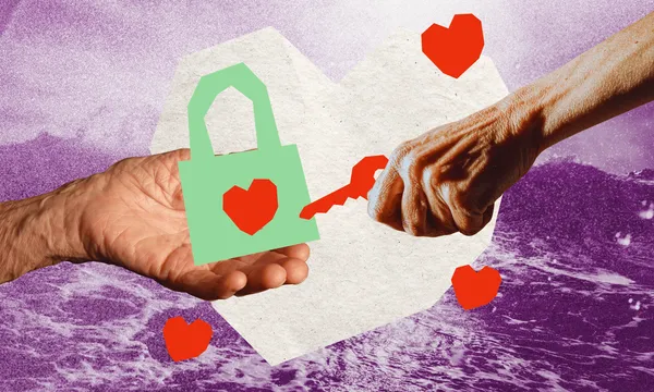 a purple tinted image of rocky seas in the background and two older looking hands reaching together, one holding a lock and the other a key