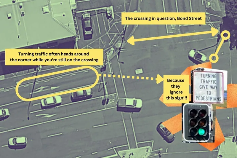 An aerial map of the New North Road and Bond Street intersection in Kingsland.