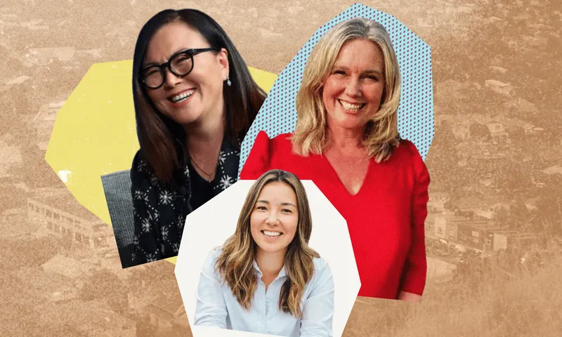 Three smiling women are shown in separate cut-out shapes against a textured background, one wearing glasses and black, one in red, and one in white, all looking at the camera.