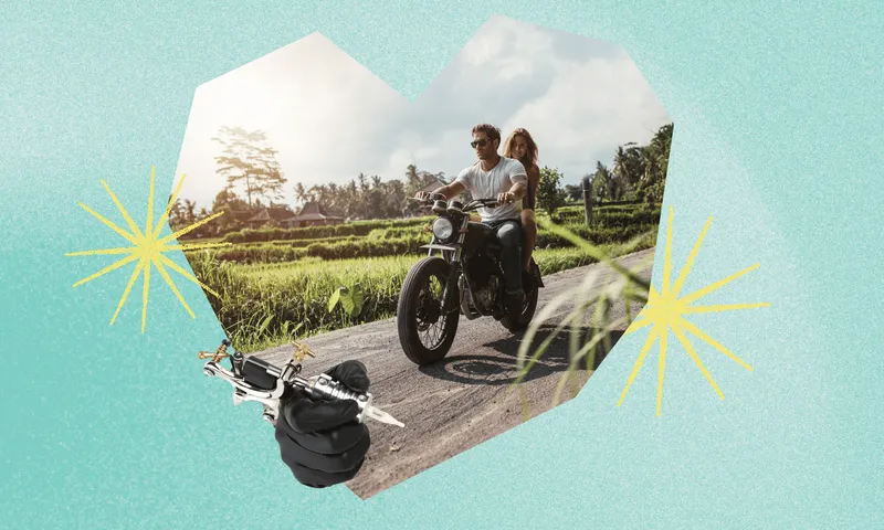a teal background with yellow starbursts with a heart shaped frame and an image of a man and woman riding on a motorbike through a countryside. overlaid, a smaller cutout of a gloved hand holding a tattoo gun