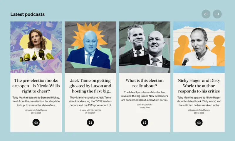 A carousel of podcasts with headphone icons