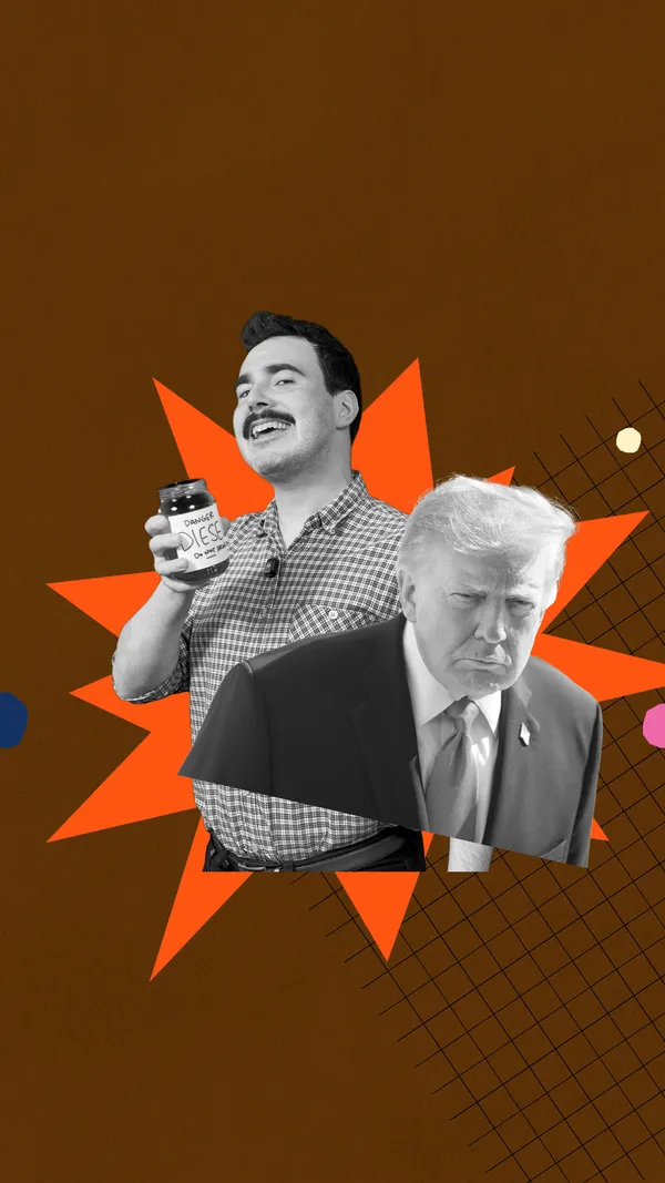 A cut-out black-and-white image of Robbie Nicol holding a jar of diesel fuel, and Donald Trump. Text on top of the image reads, "How diesel is about to make the cost of living worse".