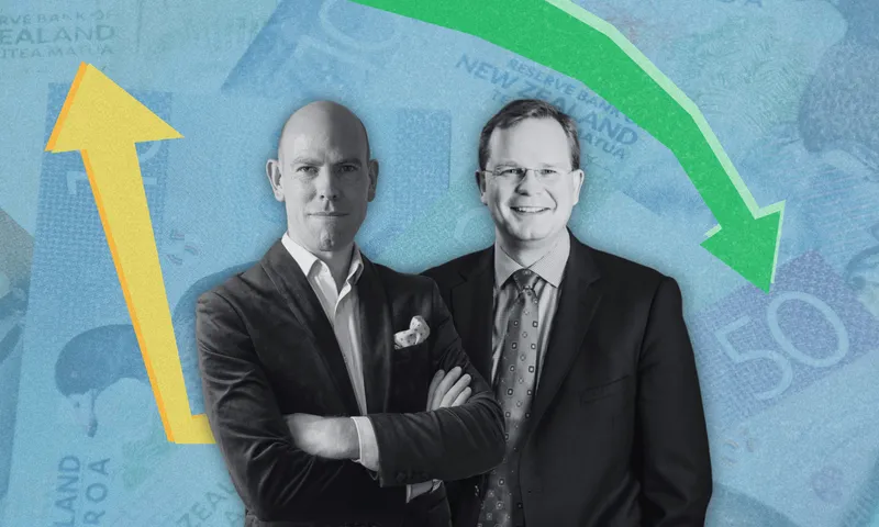 two men in business suits stand looking at the camera, in the background a collage of new zealand currency and two arrows pointing up and down