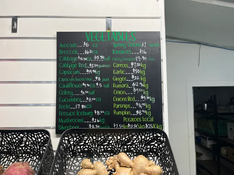 a shopping price list hangs on a wall showing expensive groceries such as an $8 cucumber and $6 avocados