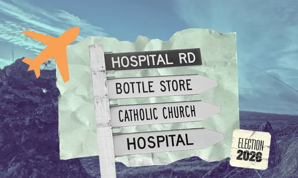 a street sign giving directions to a bottle store, catholic church and hospital, with a natural scene in the background and a sticker saying "election 2026"