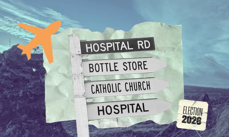 a street sign giving directions to a bottle store, catholic church and hospital, with a natural scene in the background and a sticker saying "election 2026"