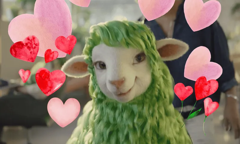 A smiling cartoon sheep with green wool is surrounded by red and pink heart illustrations. The background is a softly blurred indoor setting.