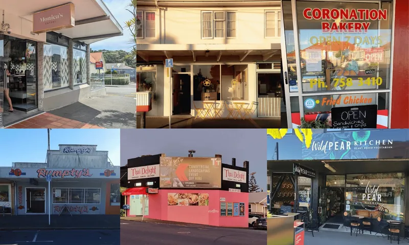 six colourful cafe, restaurant and bakery shopfronts in New Plymouth