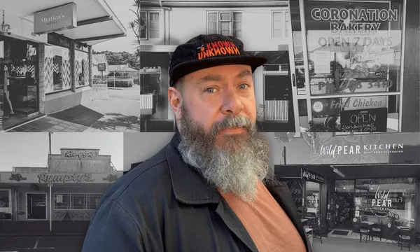 a black and white background collage of hospitality shopfronts. in the front, a portrait of a man with a large grey beard, blue eyes and wearing a black cap