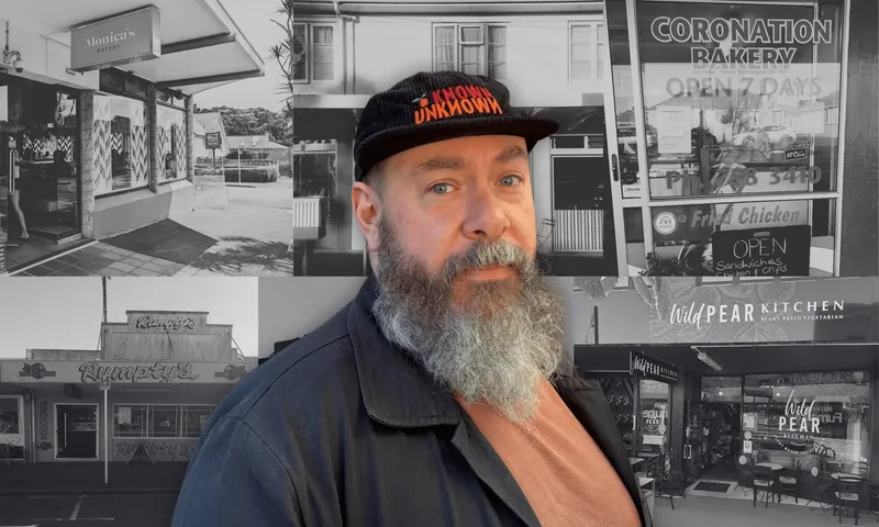 a black and white background collage of hospitality shopfronts. in the front, a portrait of a man with a large grey beard, blue eyes and wearing a black cap