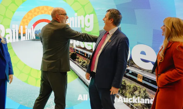 Chris Bishop and Wayne Brown laughing about the mistimed CRL announcement. (Photo: The Spinoff)