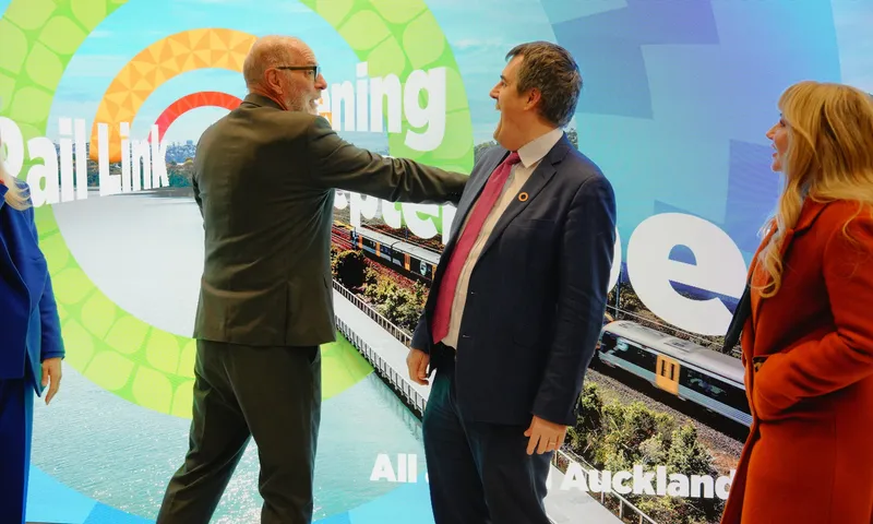 Chris Bishop and Wayne Brown laughing about the mistimed CRL announcement. (Photo: The Spinoff)