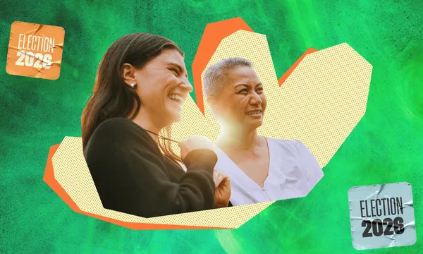 Green Party co-leaders Chlöe Swarbrick and Marama Davidson pictured against a textured green background.