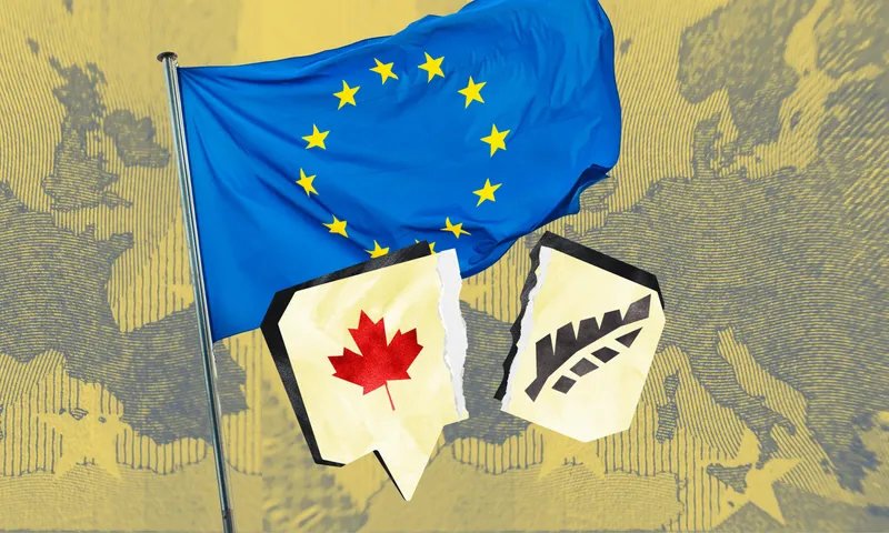 The EU flag against a map of Europe, with two note paper shapes, one with a maple leaf and one with a silver fern.