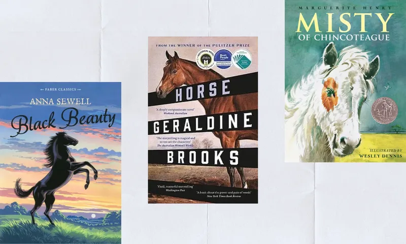 Three books arranged to ascend upwards towards the right. All of the books have horses on the cover.