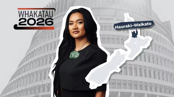 Hana-Rawhiti Maipi-Clarke stands in front of Parliament, alongside a map highlighting the Hauraki-Waikato Māori electorate and the words “Whakatau 2026”.