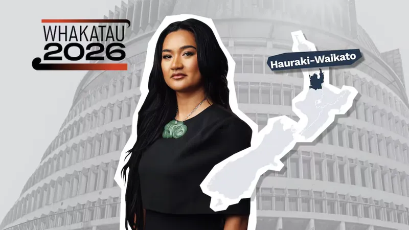 Hana-Rawhiti Maipi-Clarke stands in front of Parliament, alongside a map highlighting the Hauraki-Waikato Māori electorate and the words “Whakatau 2026”.