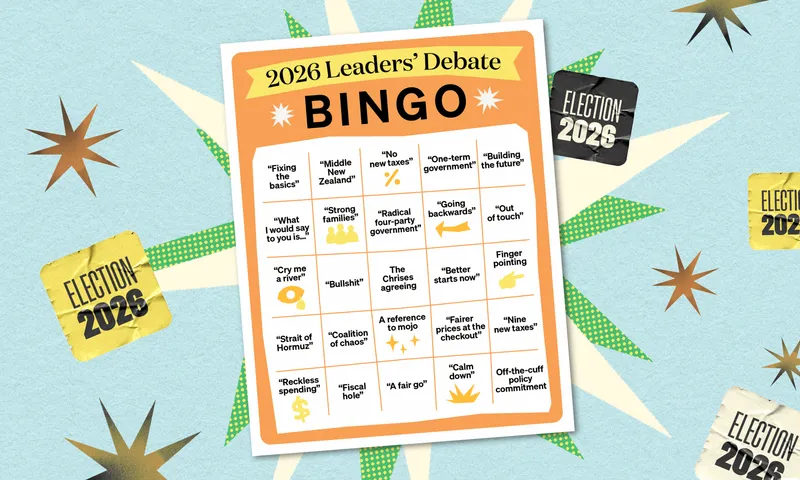An orange bingo card with the title 2026 Leaders' Debate Bingo and 20 squares with various statements, against a blue background with a white and green starburst motif.