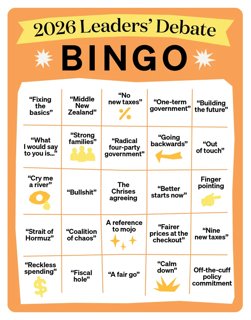 An orange bingo card with the title 2026 Leaders' Debate Bingo and 20 squares with various statements