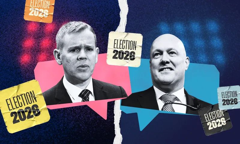 Black and white headshots of two men in suits, Chris Hipkins and Chrisopher Luxon, against a pink speech bubble and a blue speech bubble. The background is dark blue and there is a ripped paper effect separating the pair. Election 2026 stickers are on top of the image. 