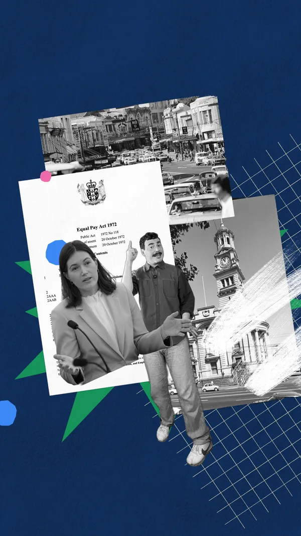 A collage of black-and-white images including: Brooke van Velden, Robbie Nicol, the Equal Pay Act 1972 and historical photos of New Zealand in the 1970s.