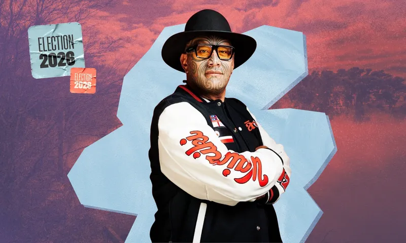 Te Pāti Māori co-leader Rawiri Waititi stands with his arms crossed against a stylised Election 2026 graphic.