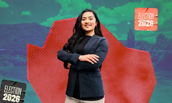 Te Pāti Māori MP Hana-Rāwhiti Maipi-Clarke stands with her arms crossed in a stylised Election 2026 graphic.