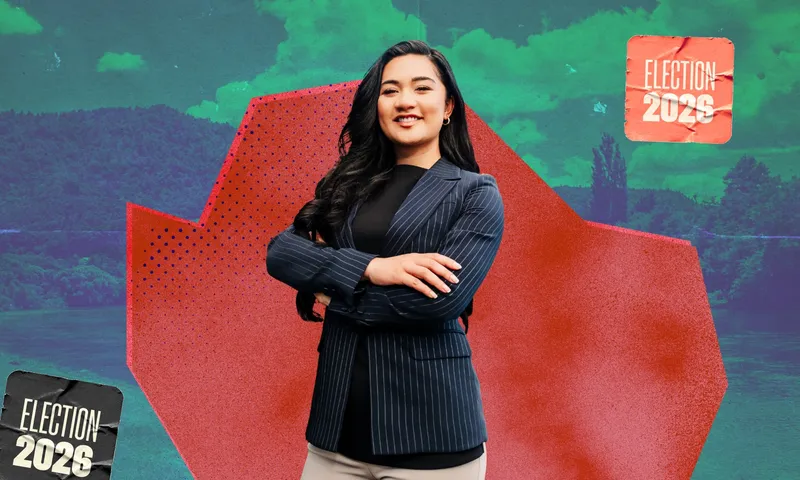 Te Pāti Māori MP Hana-Rāwhiti Maipi-Clarke stands with her arms crossed in a stylised Election 2026 graphic.