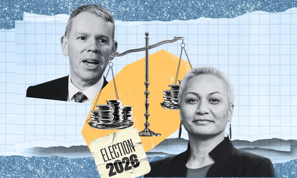 Chris Hipkins, a scale with money, Marama Davidson.
