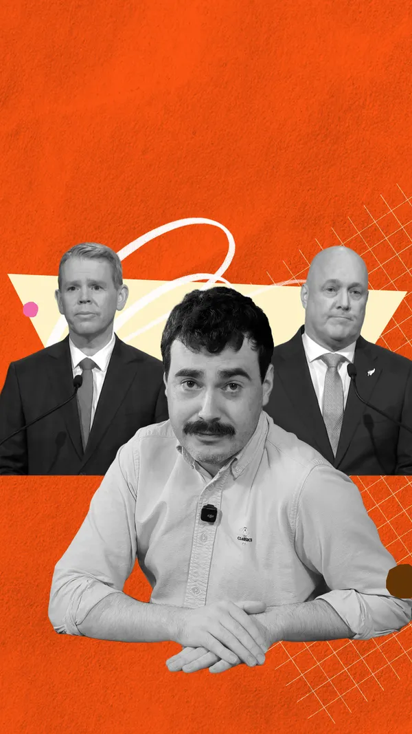 An abstract orange background with cut-out black-and-white images of Chris Hipkins and Christopher Luxon in front, and then Robbie Nicol in front of that.