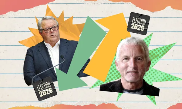 Gerry Brownlee appears next to an arrow pointing downwards, while Michael Laws' face is next to an upwards arrow.