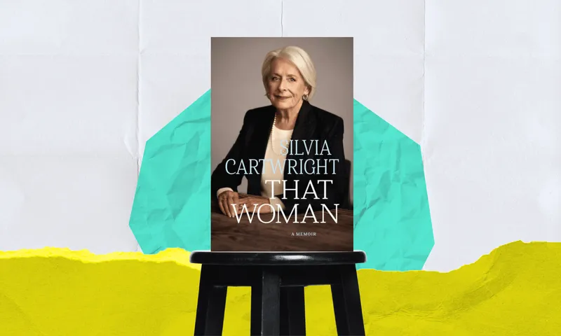 A book with the title That Woman by Sylvia Cartwright on a stool