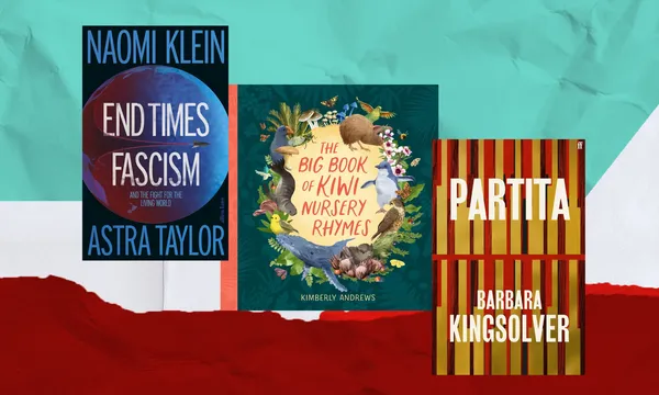Three books arranged in descending order with textured coloured paper background.