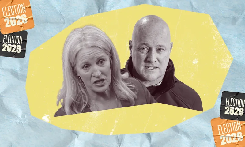 Two cropped black and white head and shoulders photos of a woman with long blonde hair and a bald man are next to each other against a yellow shape and a blue paper textured background.