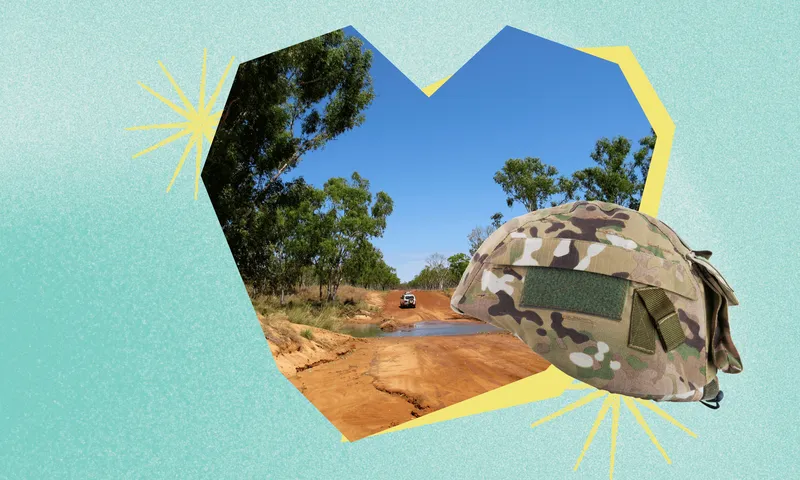 green textured background with two heart shapes and inside the heart shape an image of the sunny Australian outback. overlaid a cutout of a khaki army helmet