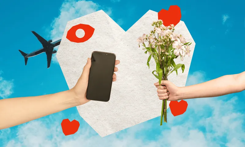 a background of a blue sky with a plane flying across it. layered over it are heart shapes and two separate arms holding out a phone and a bunch of flowers respectively