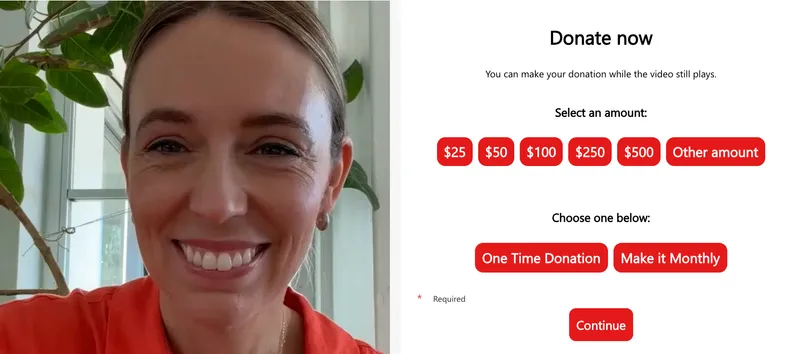 a woman with tied up hair smiles into the camera. next to her are options to donate small amounts to the Labour Party