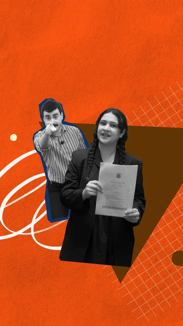A cut-out black-and-white image of Lyric Waiwiri-Smith holding the Electoral Amendment Act 2025, with Robbie Nicol in the background pointing at us.
