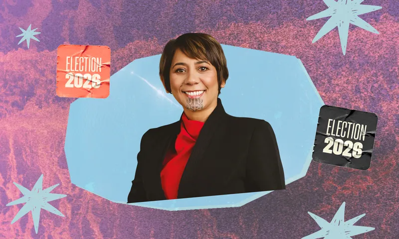 Labour MP for Ikaroa-Rāwhiti Cushla Tangaere-Manuel, wearing a black jacket over a red top, against a blue and pink textured background with illustrated stars and “Election 2026” graphics.