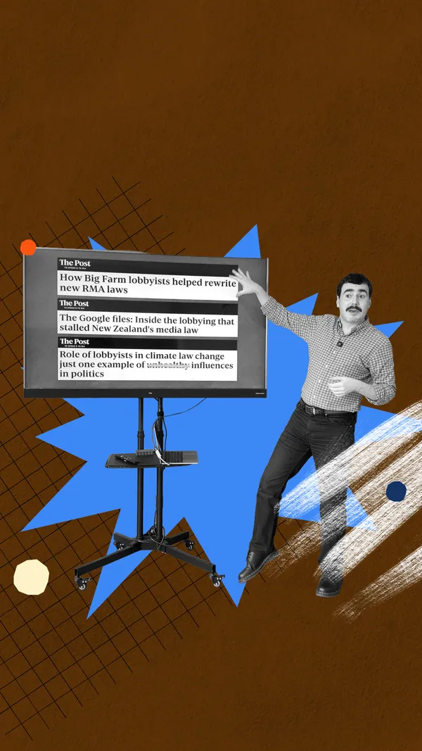 A brown background with a big blue star. In front of both is a black-and-white cut-out of Robbie Nicol next to a television on a stand. On the TV are three headlines.