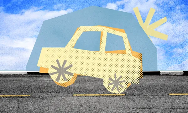 A cut-out illustration of an older car on the road