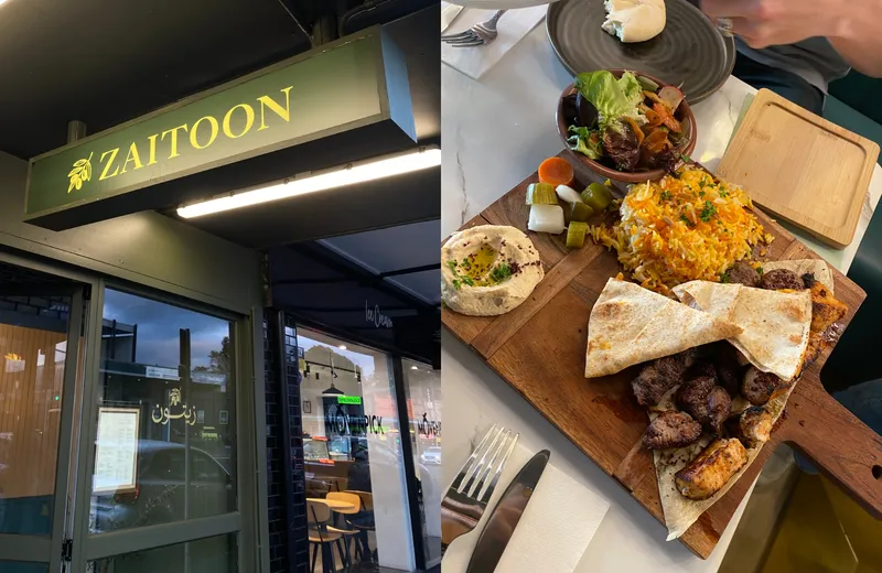 A composite picture, with the glass frontage of a restaurant on one side and a wooden board laden with Middle Eastern food on the other.