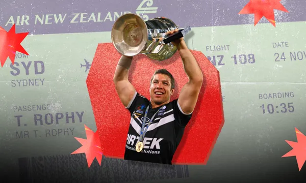 A stylised graphic of New Zealand Kiwis captain Nathan Cayless smiling and lifting the silver Rugby League World Cup trophy, set against a background of an Air New Zealand boarding pass issued to passenger "T. ROPHY".   