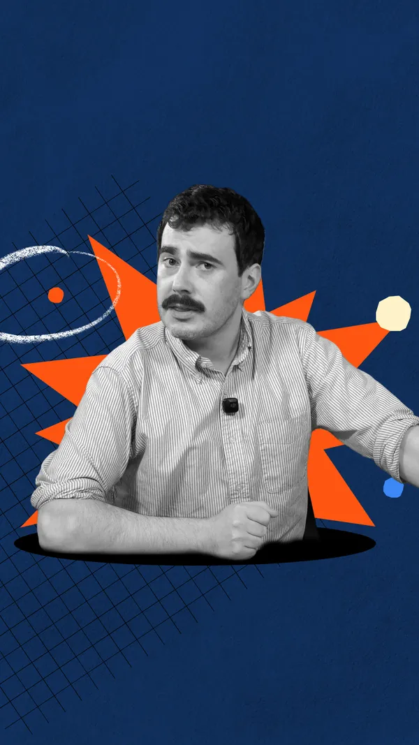 A black-and-white cut-out image of Robbie Nicol, appearing to emerge from a black hole.