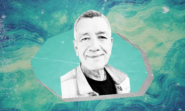 Black and white portrait of Tainui Stephens smiling, set against a turquoise geometric shape and a swirling teal and blue background.   