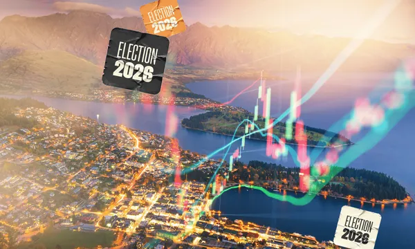 Economic charts superimposed over a view of Queenstown 