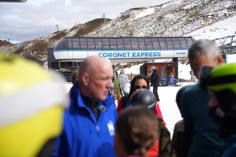 Christopher Luxon meeting skiers at Coronet Peak in October