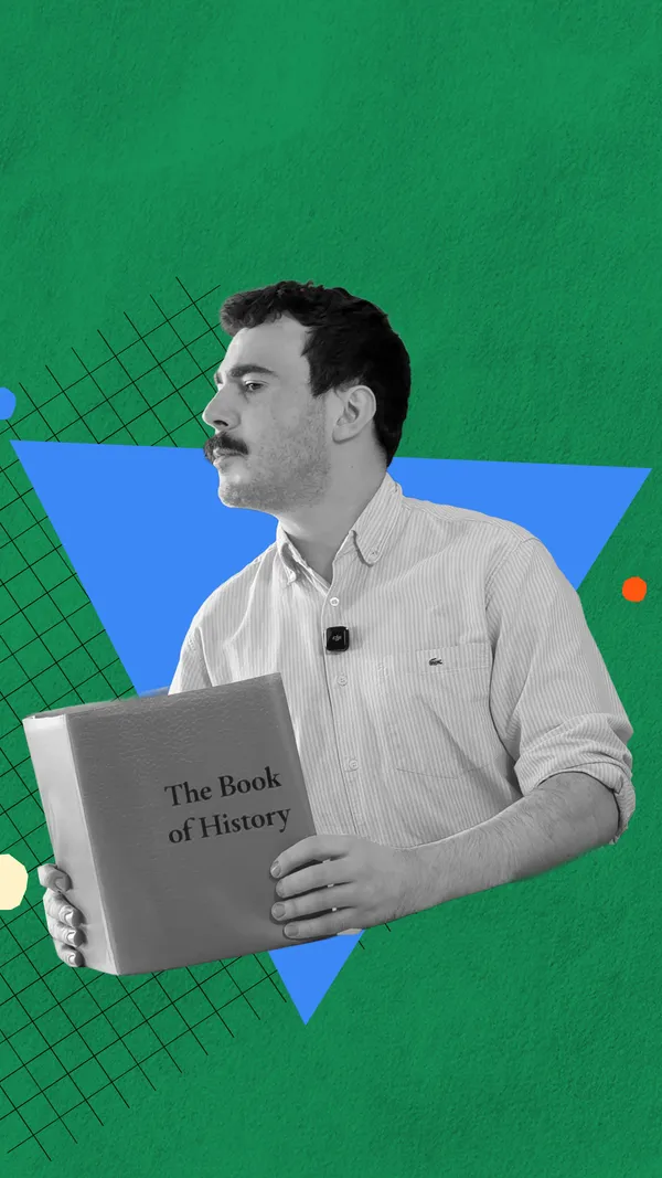 A black-and-white cut-out image of Robbie Nicol holding a book titled "The Book of History".