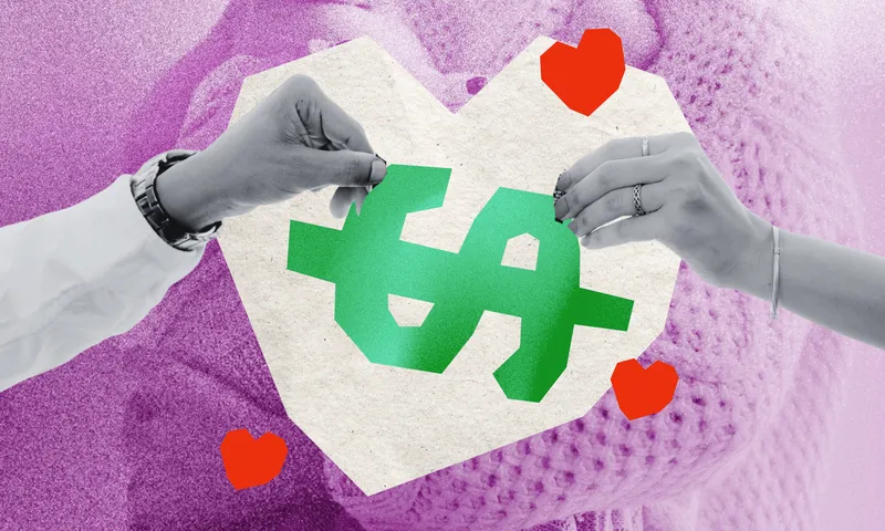 a purple background with a heart shape cutout and a man and woman's hand reaching in to hold a large dollar sign
